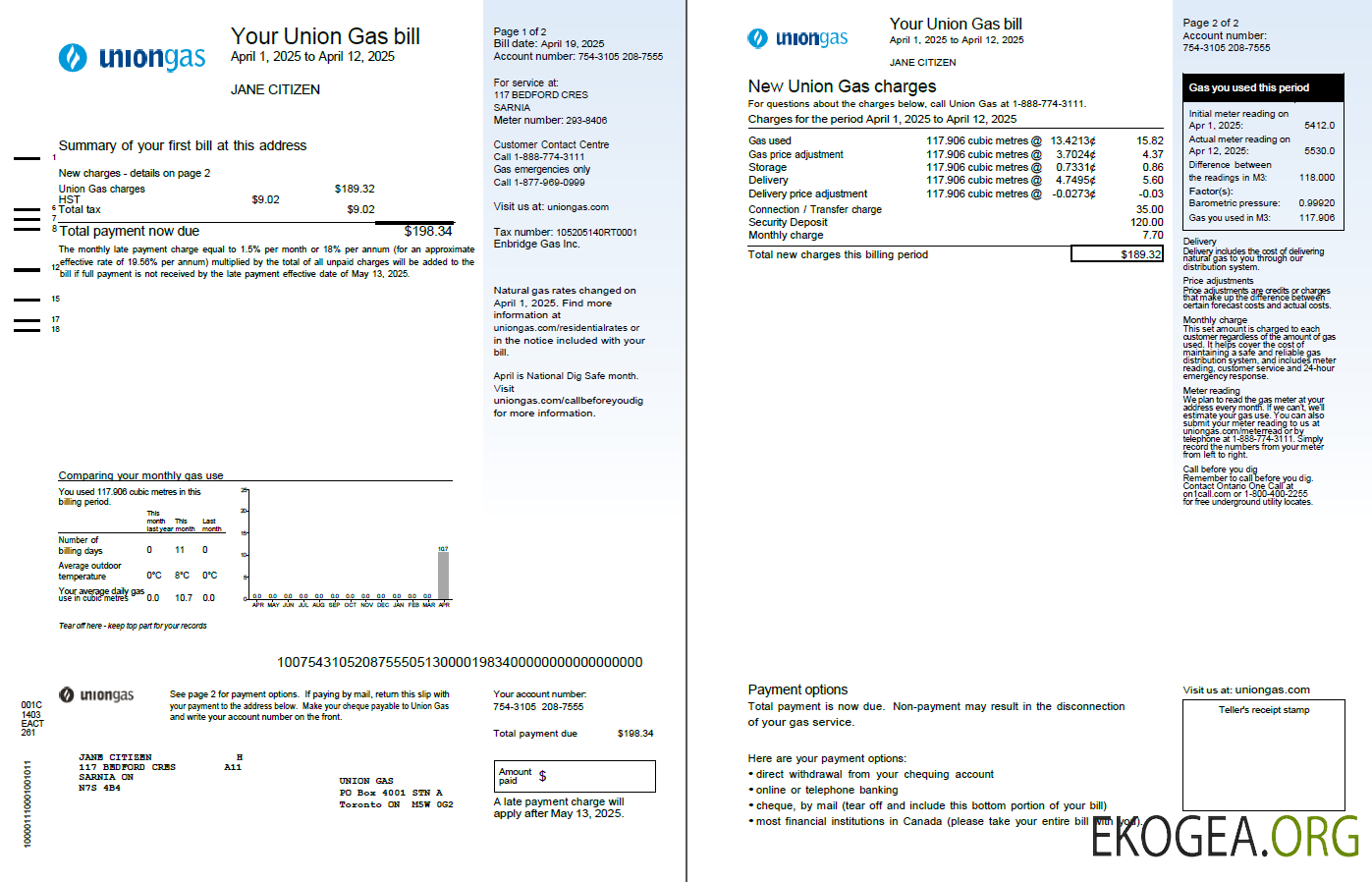 Canada Union Gas utility bill template in Word and PDF formats, 2 pages, version 2